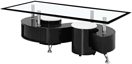BOULE BLACK HIGH GLOSS COFFEE TABLE WITH BLACK &amp; CLEAR GLASS TOP AND TWO STOOLS