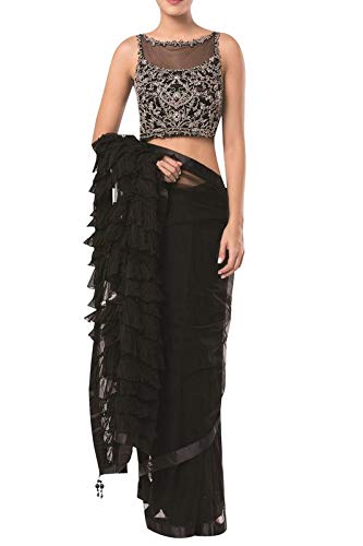 Women's Net Saree With Unstitched Blouse piece (NOV-1518_Black)