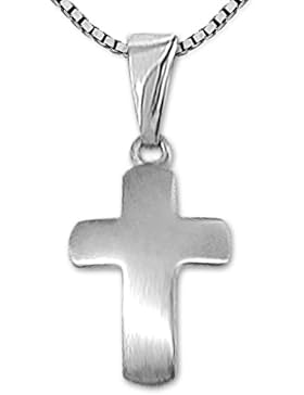 CLEVER SCHMUCK-SET Silberner Mini Anhänger keines schlichtes Kreuz 12 mm seidenmatt leicht gewölbt mit Kette Venezia...