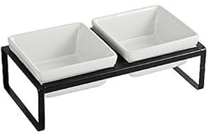 HCHLQLZ Comedero Gatos Elevado de Cerámica - Cuencos Dobles Soporte de Hierro - Tazones para Perros Pequeños - 480 ml × 2 - Blanco