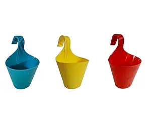 MOMS GADGETS Hanging Planters/Railing Flower Pots/Railing Flower pots for Balcony/Outdoor Flower Stand/Flower Stand/Flower Pot Stands (Multicolour Set of 3)