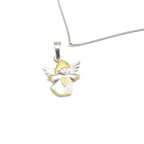 Schmuck Klein Kinderkette mit Engel-Anhänger Herz inkl. Gravur Panzerkette 36 cm, Taufgeschenk