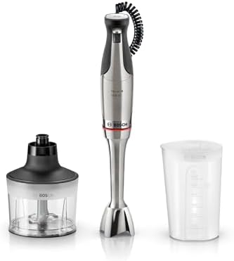 Bosch Serie 8 Frullatore a Immersione ErgoMaster MSM8M930, Potente Motore da 1500 Watt, Regolazione Dinamica della Velocità, Coltello a 6 Lame in Acciaio Inox, Accessori Inclusi, Acciaio Inossidabile