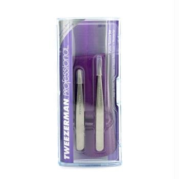 Professional Petite Tweeze Set: Slant Tweezer + Point Tweezer - (With Lavendar Leather Case)