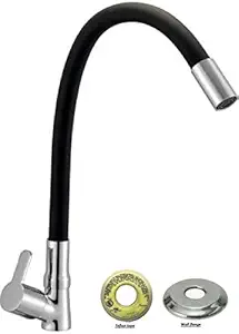 Jagger MARK Handle Brass Black color Table Top Flexible Swan neck tap for Wash Basin and Kitchen, Table Top Black Flexible Kitchen Basin tap with Silicone Swivel Spout Chrome Finish ( WITH Teflon Tape and Flange )