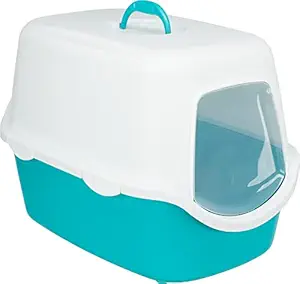 Trixie:- Vico Cat Litter Tray with Hood | Litter Tray with Hood, Door Flap & Handle | Made with Lightweight and Durable Material | Double Rim Keeps The Surrounding Area Clean & Tidy -Turquoise/White
