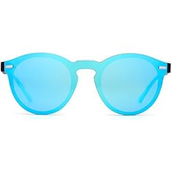 Polarizadas Sin Montura Borde Con Cuerno Gafas de Sol Redondas Espejo Una Pieza Anteojos Para Mujer Hombre(Azul/Negro)