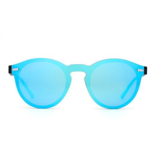 Polarizadas Sin Montura Borde Con Cuerno Gafas de Sol Redondas Espejo Una Pieza Anteojos Para Mujer Hombre(Azul/Negro)