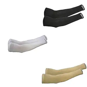 PinKit Unisex Fingerless Cotton Arm Sleeves, Protection Sleeves from Sun Tanning for Driving, Biking, Cycling For Men & Women (3 Pair) - White, Black & Beige