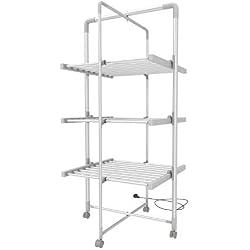 Leogreen - Sèche-Linge Electrique, Séchoir à Vêtements, 3 étagères, Blanc, with Wheels, Dimensions du Produit replié: 143 x 72 x 9 cm, Longueur du câble: 1,2 m