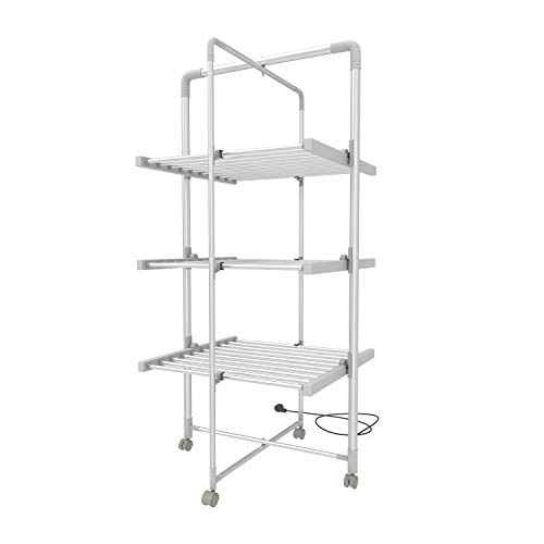 Leogreen - Sèche-Linge Electrique, Séchoir à Vêtements, 3 étagères, Blanc, with Wheels, Dimensions du Produit replié: 143 x 72 x 9 cm, Longueur du câble: 1,2 m