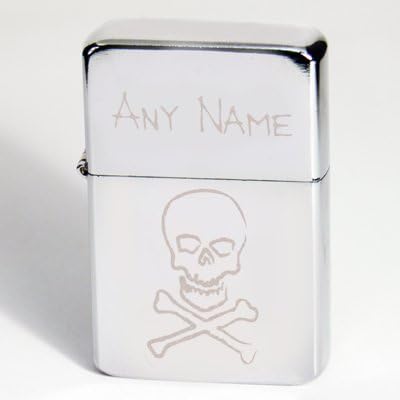 Custom Personalised Skull & Cross Bones Silver Lighter. Laser Engraved with a Name.