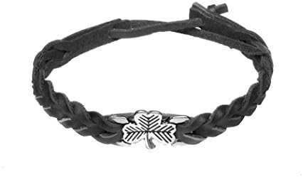 Black Leather Plaited Wristband with a Flat Silver and Black Shamrock Charm
