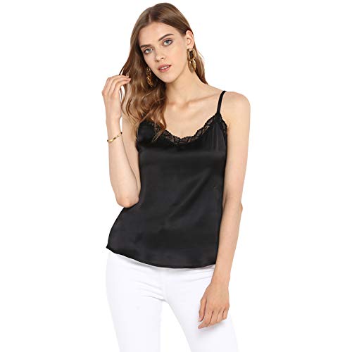 Spotstyl Black Satin Lace Trim Camisole Sleeveless Women Camisole cami Tank Stylish Tops in Black for Women Girls Ladies Western Casual Party wear Fancy Beautiful with Pants