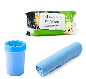 PSK PET MART Dog Combo Pack Bath Towel, Wet Pet Wipes & Pet Foot Washing Cup Paw Cleaner Portable with Soft Silicone Bristles (Towel - Paw Cleaner (Small) - Wipes)