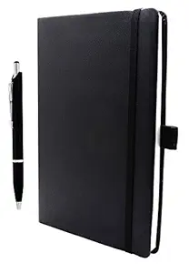 Crownlit Notes Diary with Metal Pen with Elastic Strap cum Document Holder and Pen Holder, Size : A5 (Black)