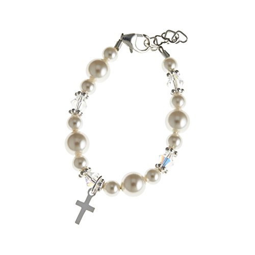 Crystal Dream Kommunion Sterling Silber Kreuz Charme mit Swarovski Weiß Simulierte Perle Kristallen Mädchen Armband (bcrss)