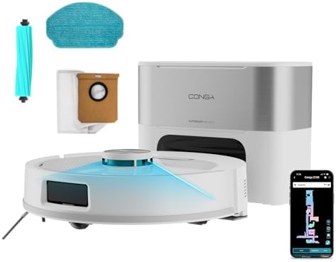 Cecotec Robot Aspirapolvere Conga Y80 Pearl. Base Autosvuotante 3L, Navigazione Laser, 25000Pa, Autonomia 240min Eco, Spazzola Silicone per Animali, Bluetooth WiFi, 1 Panno, Casa Sempre Pulita