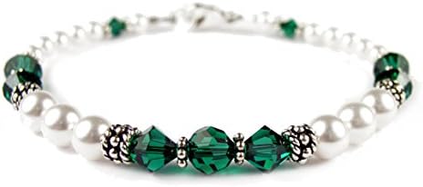 DAMALI Handmade Sterling Silver Swarovski Crystal Element Beaded Bracelet Freshwater Pearls Simulated Birthstones Green Emerald - May - Medium 7.25 In.