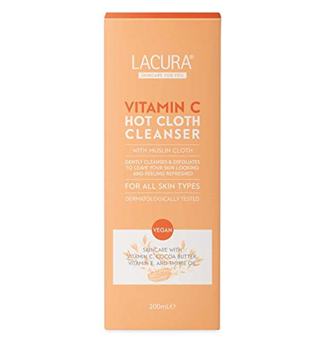 Lacura Vitamin C Hot Cloth Cleanser with Muslin Cloth 200ml | Removes Make Up | Gently Cleanses & Exfoliates | All Skin Types | For Sensitive Skin | Vegan Skincare