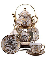 ufengke-ts 13 Pièces Européen Titanium Or Service À Thé,Vintage Faite Main Céramique Service À Thé Service À Café,Texture en Métal Or Fleurs,pour Cadeau et Ménage