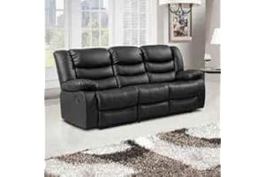 GENERIC Roma Leather Recliner Sofa with Cupholders - 3 Seater Sofa - Black (3 Seater)