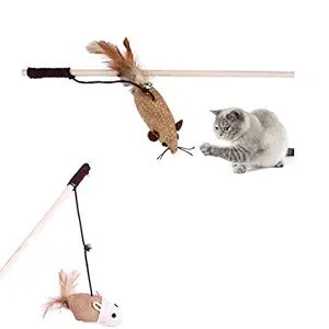 The Pets Company Rod Cat Bell Dangler with Mouse and Feather Teaser, Interactive Cat Kitten Toy, Design May Vary (Set of 2)