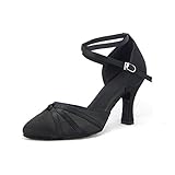 Material: satín;Rhinestone Syrads Zapatos de Baile Latino Mujer Americano Salsa Zapatos de Baile de Salón Tango Samba Vals Negro Tacon 8cm