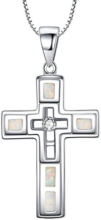 Sterling Silver Cross with Fire Opal Inlay and Cubic Zirconia Pendant Necklace for Women and Girls, 46cm Box Chain - SC198n1