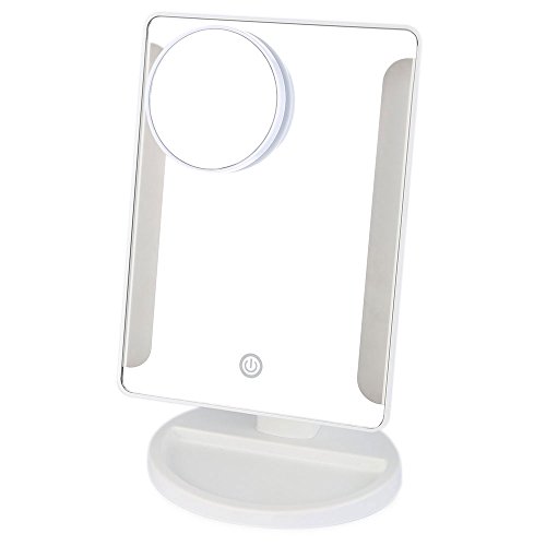 36 Dimmbare LED Makeup Spiegel, Touch Screen Kosmetikspiegel mit Abnehmbarem 10X Vergrößerungsfleck, Tragbarer Beleuchteter Eitelkeitsspiegel, USB und Batterien Geeignet Oben-Unten Schwenken Rasierspiegel für Reisen, Dressing, Rasieren (Weiß)