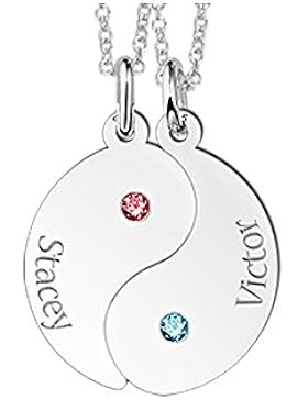 Namesforever Partnerkette Set 2 Anhänger Yin-Yang mit Swarovski-Geburtssteinen und Namensgravur inkl. 2 Ketten...