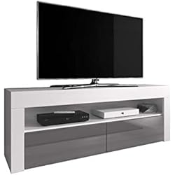 E-Com - Meuble TV "Luna" 140 cm Blanc Mat Avec Façade Grise Brillante (Sans Lumières LED RGB)