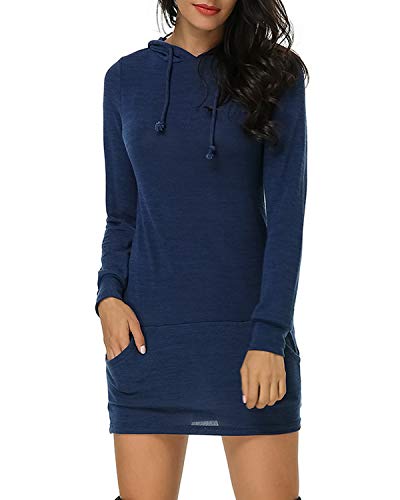 Kidsform Femme Sweat Mini Robe Women Dress Lâche Loose Pull Casuel Sweat-Shirt à Capuche Manche Longue Drawstring Dress Marine EU 40