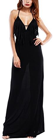 Women Halter Deep V-Neck Tassels Sleeveless Maxi Evening Dress Black XS
