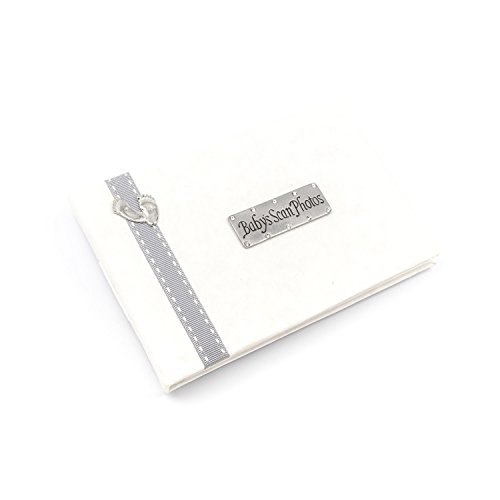 Baby Scan Photo Album, Soft dove grey stitched ribbon and pewter baby feet design, Gift. By Metal Planet UK