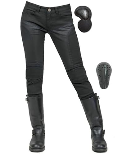 SHUOJIA Jeans de moto pour femmes, pantalon de protection de moto imperméable, enduit de PU, avec 2 paires de protections amovibles pour les hanches et les genoux, poches multiples Jean