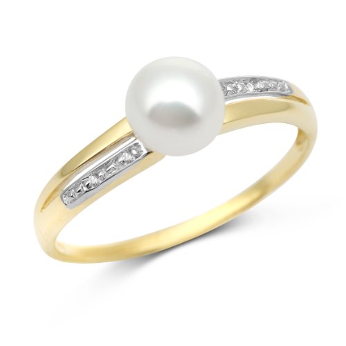 Miore Damen Ring 9 Karat (375) Gelbgold Süßwasser-Zuchtperle mit Diamanten