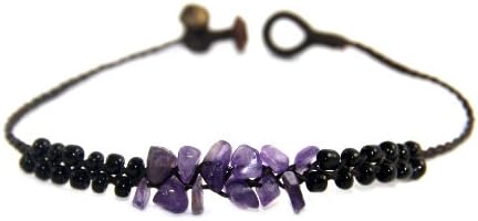 PTN Handmade JewelryHandmade Anklet Purple Color Stone Black Seed Beeds Cotton Wax Cord (S6460)