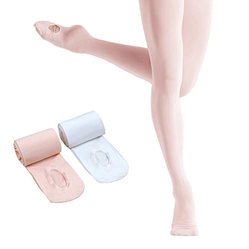 SINOPHANT 2 Paar ultraweiche Ballett-Ballett-Strumpfhose mit Löchern, Dance Cabrio-Ballett-Strumpfhose für Mädchen (2 Paare (weiß + pink), Größe M 5-8 Jahre)