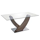 Mesa comedor DRW Mesa de Comedor Moderna Cristal, Madera y Metal, Transparente/marrón/Cromado 160x90x75cm