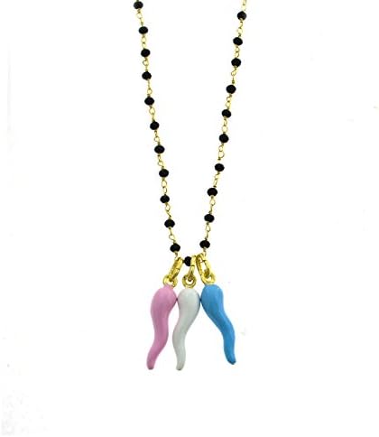 Necklace with Black faccettate Stones 70 cm with 3 Croissants Pink, Sky Blue and White Enamel pendent1 in Yellow Gold Plated 925 Silver