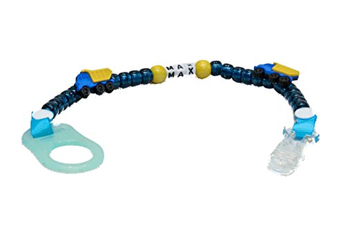 Personalised 2 In1 Dummy Clip (MAM style) baby boys trucks christening gift with your desired Name or phrase