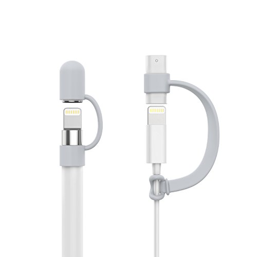 MoKo Stift Kappehalter für Apple Pencil - 2x Premium soft Silikon Schutzkappe/ Schreibfeder-Abdeckung/ Halterung für iPad Pro 9.7 12.9 Zoll Pen und iPhone iPad Lightning Kable Adapter, Grau