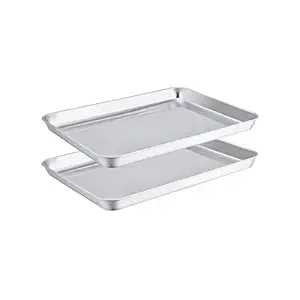 TeamFar Toaster Oven Pans Set of 2, Stainless Steel Compact Toaster Oven Tray Ovenware, 8'x10'x1', Non-Toxic & Healthy, Easy Clean & Dishwasher Safe, Roll Edge & Mirror Finish