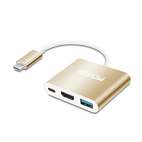QQPOW Typ C USB 3.1 Hub mit HDMI Unterstützung 4K Vision Output Charge Port für Macbook, Google Chromebook Pixel und Typ C Geräte (HDMI+USB3.0+Type-C, golden)