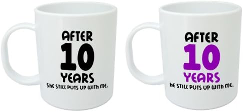 After 10 Years He/She Still Puts Up with Me - 10th Wedding Anniversary Gift Set Mugs by lolmugs