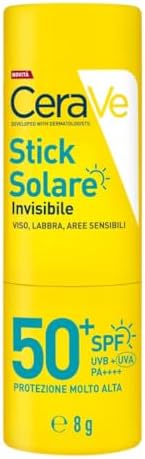 CeraVe Stick Solare Invisibile SPF50+, Per Aree Sensibili, Labbra e Contorno Occhi, Per Tutti i Tipi di Pelle, Adatto Come Base Per il Trucco, Ipoallergenico, Con 3 Ceramidi Essenziali, 8g