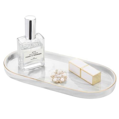 Luxspire Vassoio in Caeramica, Vassoio Ovale Portaoggetti per Bagno, Vassoio Decorativo Organizer per Tessuti Candele, Vassoio da Bagno per Sapone Shampoo Profumi Asciugamano Pianta, Marmo Bianco