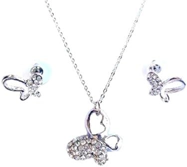 Butterfly Necklace Earrings Set Silver Crystal Diamante Chain Bridesmaid Bridal Dress Jewellery for Women Girls