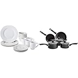Amazon Basics Set di Stoviglie per 4 Persone, Porcellana, Bianco, 16 Pezzi + Batteria da Cucina Antiaderente in Alluminio, pe